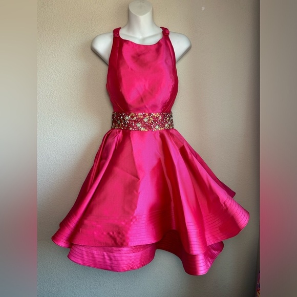 Mac Duggal Bright Pink A-Line Fit & Flare Floral Beaded Petticoat Formal Dress 2 - Picture 6 of 16